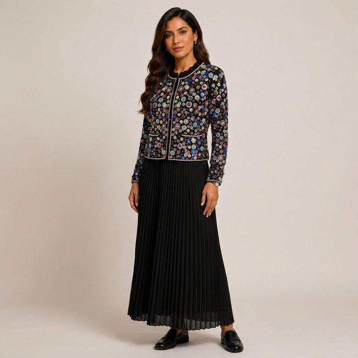 Beaded Cropped Jacket &amp; Pleated Maxi Dress Two-Piece Set-Vyana Collective
