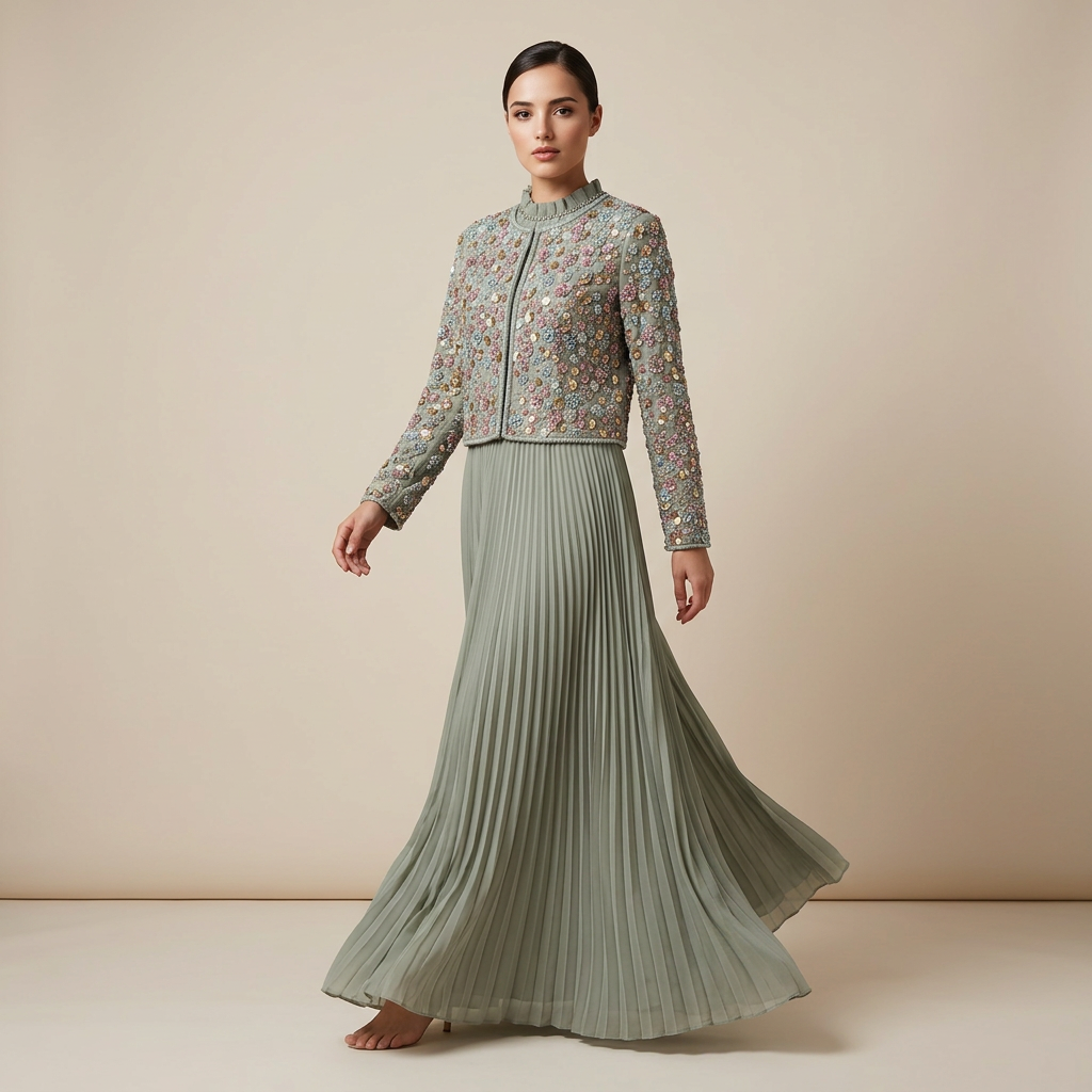 Beaded Cropped Jacket &amp; Pleated Maxi Dress Two-Piece Set-Vyana Collective