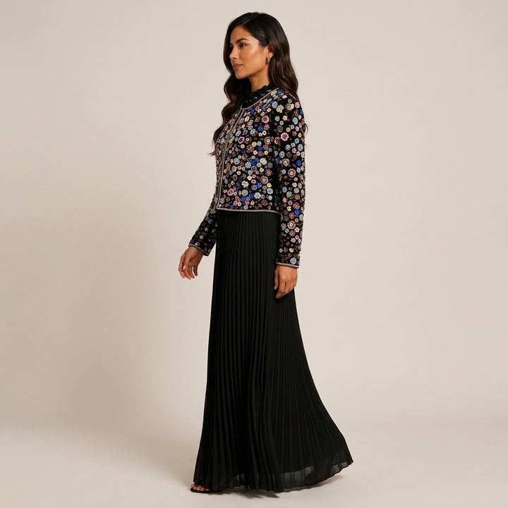 Beaded Cropped Jacket &amp; Pleated Maxi Dress Two-Piece Set-Vyana Collective