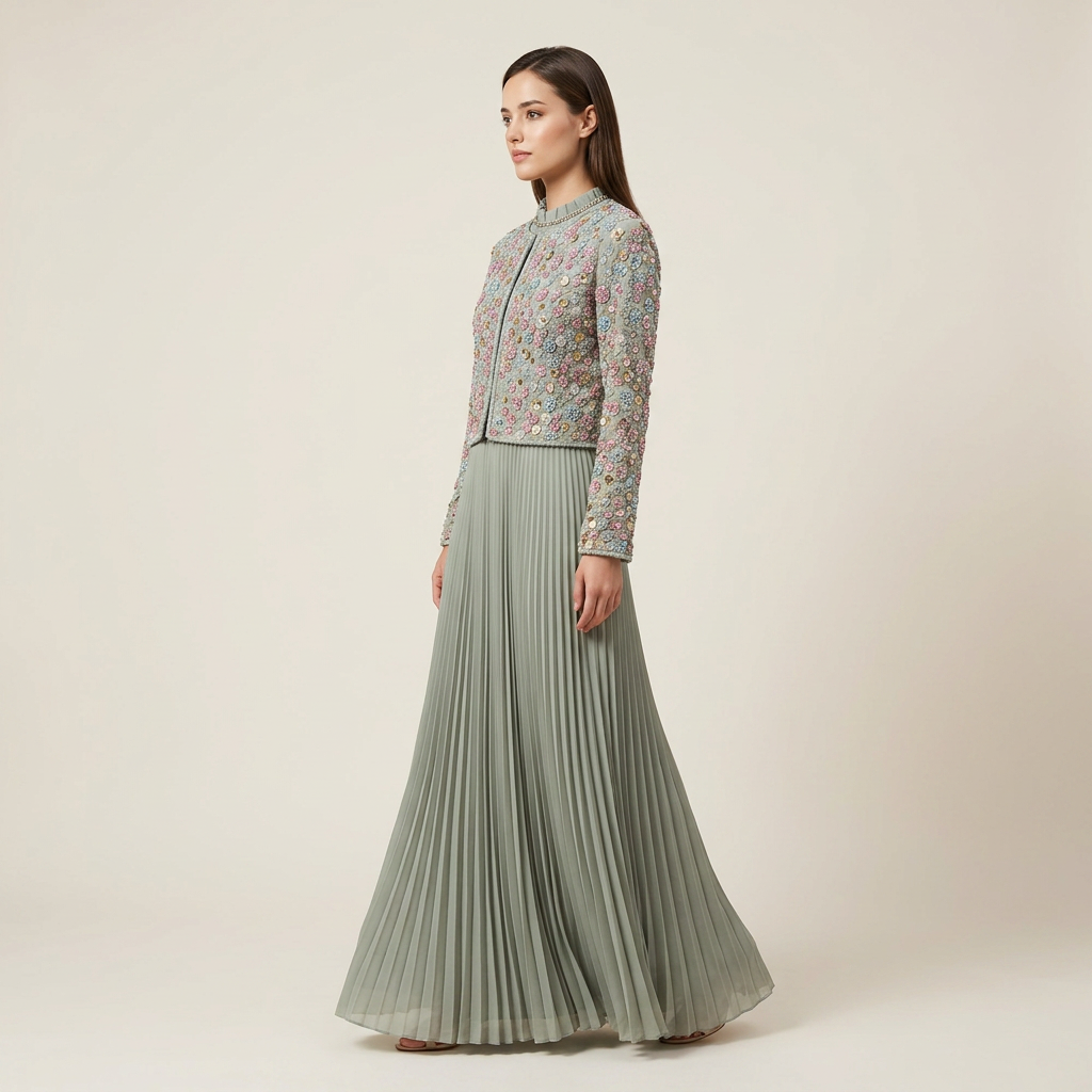 Beaded Cropped Jacket &amp; Pleated Maxi Dress Two-Piece Set-Vyana Collective
