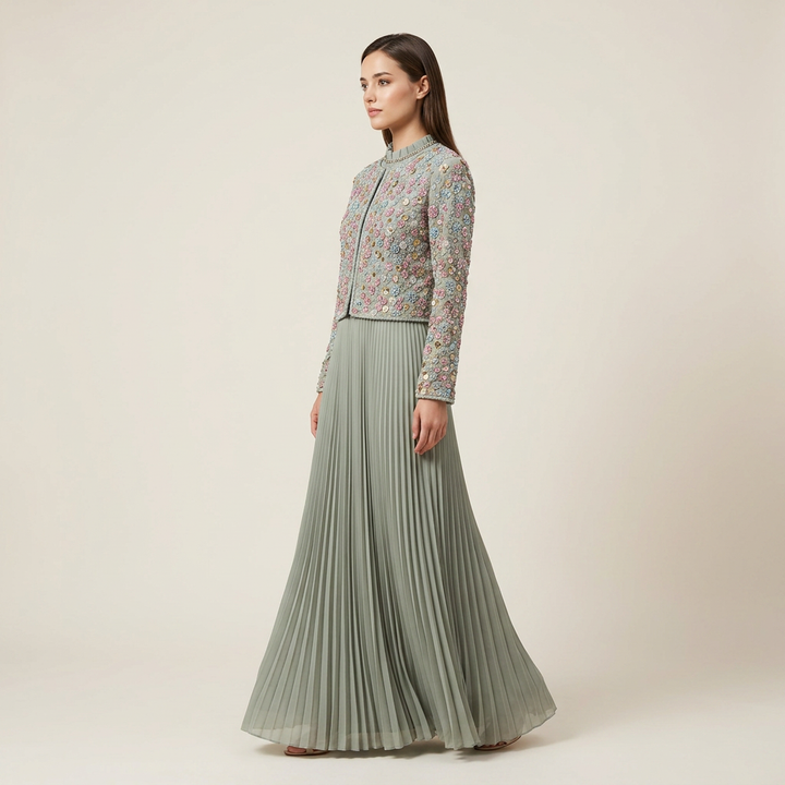 Beaded Cropped Jacket &amp; Pleated Maxi Dress Two-Piece Set-Vyana Collective