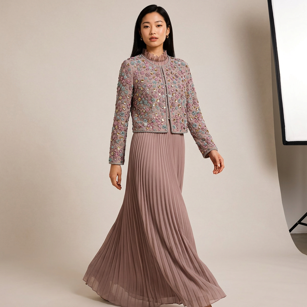Beaded Cropped Jacket &amp; Pleated Maxi Dress Two-Piece Set-Vyana Collective