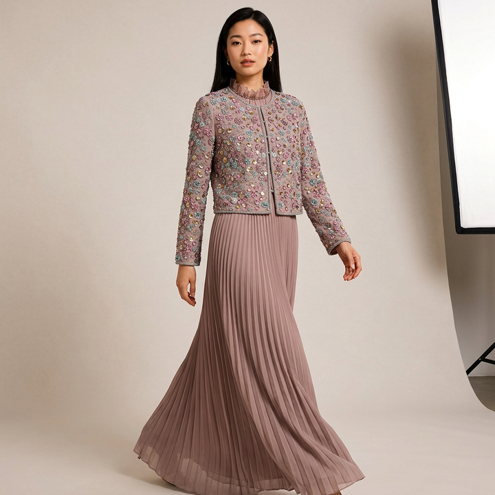 Beaded Cropped Jacket &amp; Pleated Maxi Dress Two-Piece Set-Vyana Collective