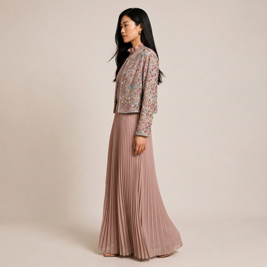 Beaded Cropped Jacket &amp; Pleated Maxi Dress Two-Piece Set-Vyana Collective