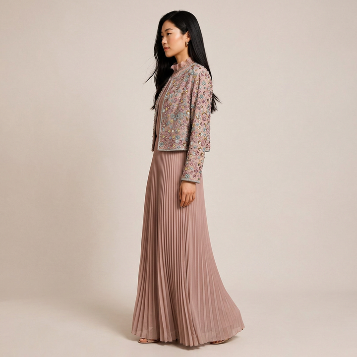 Beaded Cropped Jacket &amp; Pleated Maxi Dress Two-Piece Set-Vyana Collective