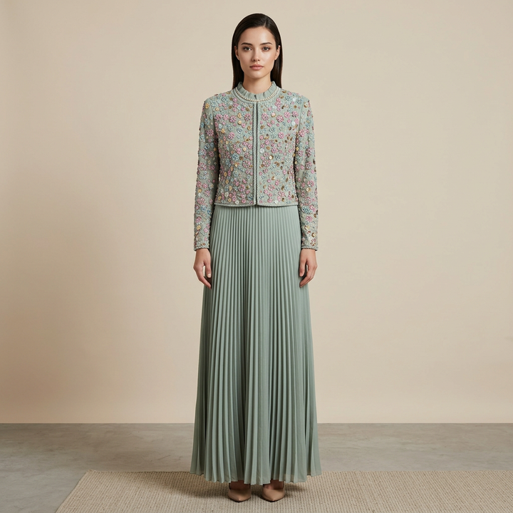 Beaded Cropped Jacket &amp; Pleated Maxi Dress Two-Piece Set-Vyana Collective