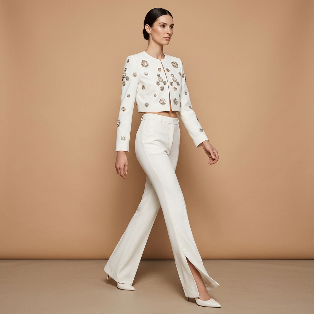 Beaded Cropped Jacket and Slit Flared Pants Set for Evening Events and Modern Elegance Women-Vyana Collective