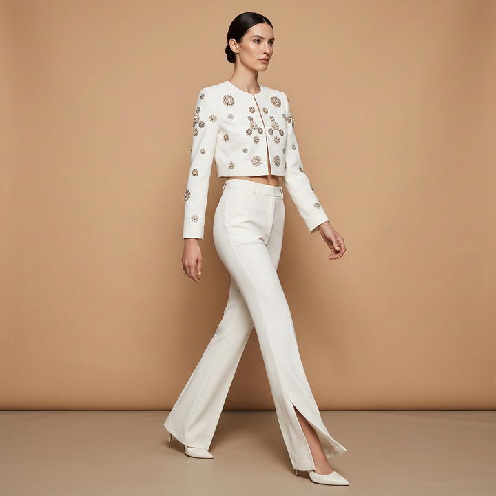 Beaded Cropped Jacket and Slit Flared Pants Set for Evening Events and Modern Elegance Women-Vyana Collective