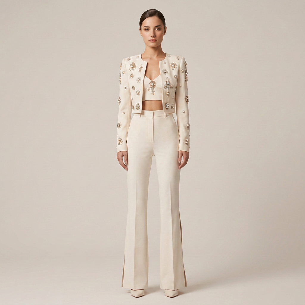 Beaded Cropped Jacket and Slit Flared Pants Set for Evening Events and Modern Elegance Women-Vyana Collective