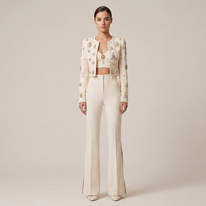 Beaded Cropped Jacket and Slit Flared Pants Set for Evening Events and Modern Elegance Women-Vyana Collective