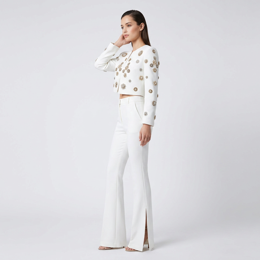 Beaded Cropped Jacket and Slit Flared Pants Set for Evening Events and Modern Elegance Women-Vyana Collective