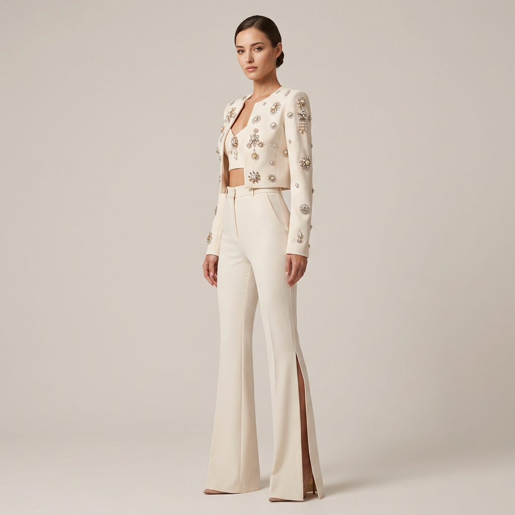 Beaded Cropped Jacket and Slit Flared Pants Set for Evening Events and Modern Elegance Women-Vyana Collective