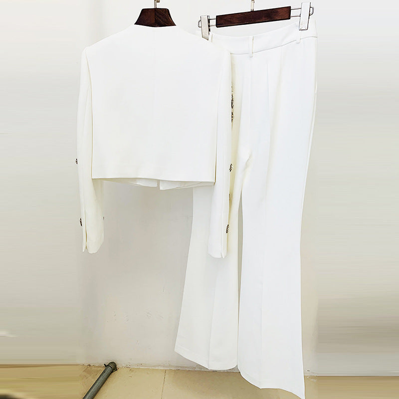 Beaded Cropped Jacket and Slit Flared Pants Set for Evening Events and Modern Elegance Women-Vyana Collective