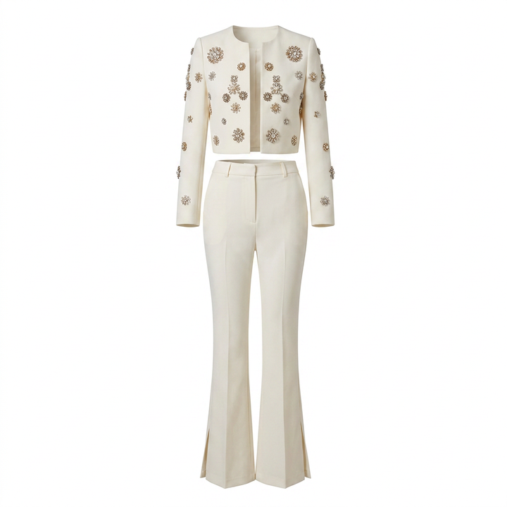 Beaded Cropped Jacket and Slit Flared Pants Set for Evening Events and Modern Elegance Women-Vyana Collective