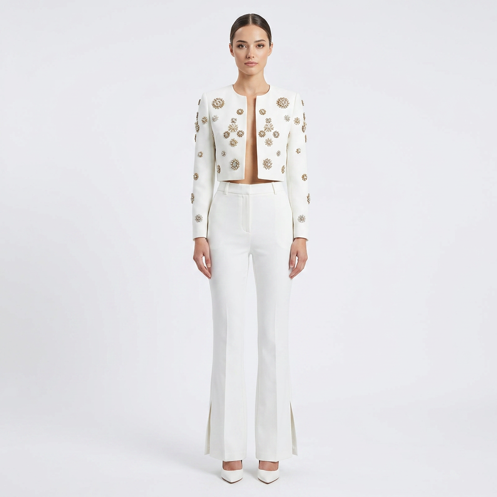 Beaded Cropped Jacket and Slit Flared Pants Set for Evening Events and Modern Elegance Women-Vyana Collective