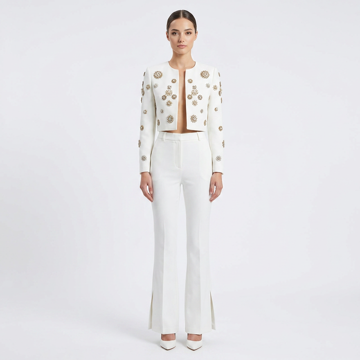 Beaded Cropped Jacket and Slit Flared Pants Set for Evening Events and Modern Elegance Women-Vyana Collective