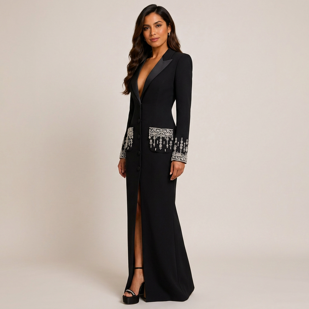 Beaded Crystal Pocket Mermaid Blazer Dress for Friday Night Vibes and Evening Glamour Women-Vyana Collective