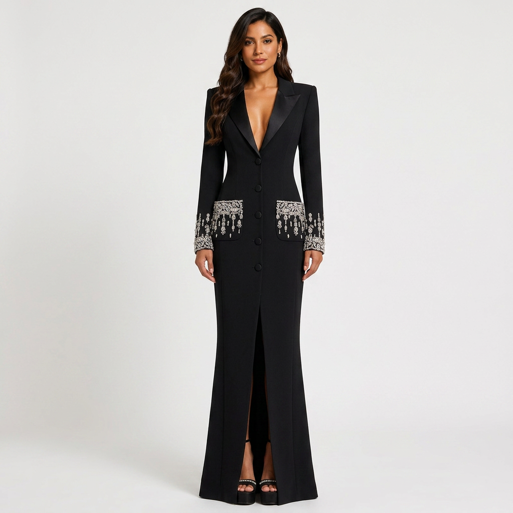 Beaded Crystal Pocket Mermaid Blazer Dress for Friday Night Vibes and Evening Glamour Women-Vyana Collective