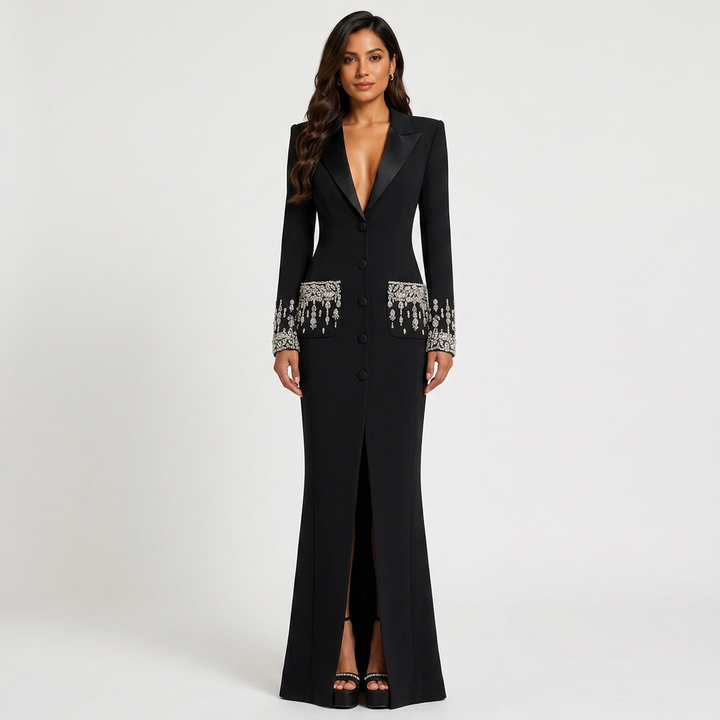 Beaded Crystal Pocket Mermaid Blazer Dress for Friday Night Vibes and Evening Glamour Women-Vyana Collective