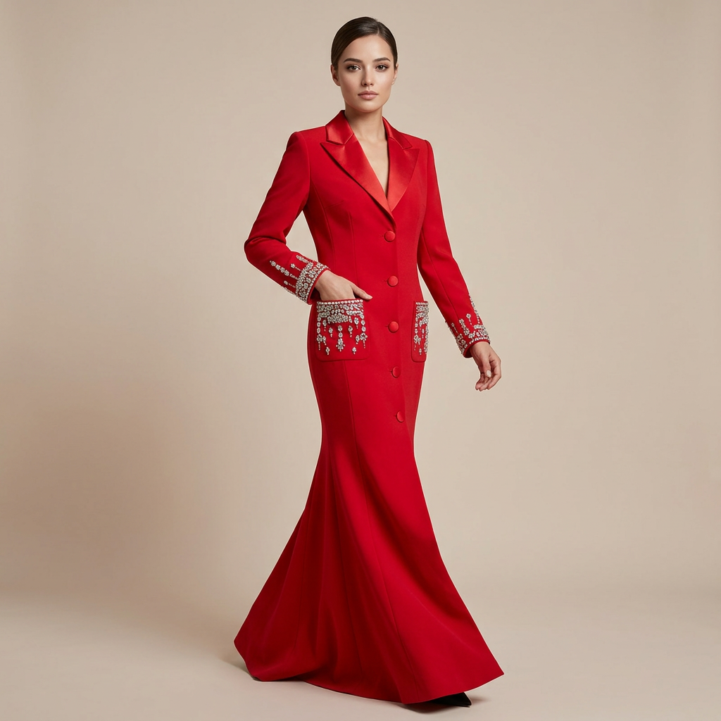 Beaded Crystal Pocket Mermaid Blazer Dress for Friday Night Vibes and Evening Glamour Women-Vyana Collective
