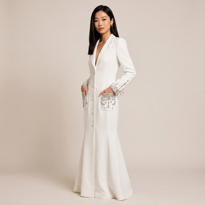 Beaded Crystal Pocket Mermaid Blazer Dress for Friday Night Vibes and Evening Glamour Women-Vyana Collective