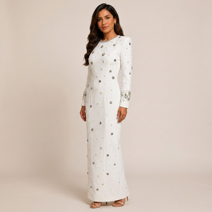 Beaded Embellished Long Sleeve Maxi Dress for Elegant Evening Occasions Women-Vyana Collective