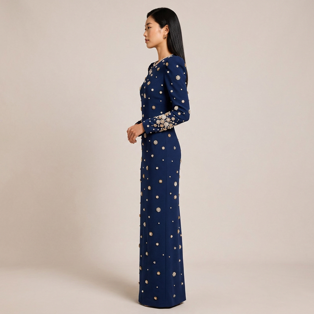 Beaded Embellished Long Sleeve Maxi Dress for Elegant Evening Occasions Women-Vyana Collective