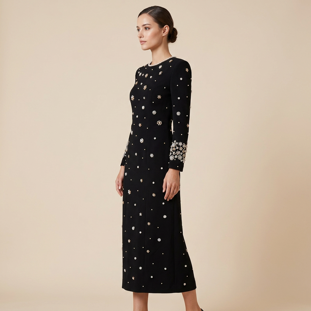 Beaded Embellished Long Sleeve Maxi Dress for Elegant Evening Occasions Women-Vyana Collective