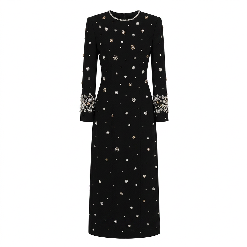 Beaded Embellished Long Sleeve Maxi Dress for Elegant Evening Occasions Women-Vyana Collective