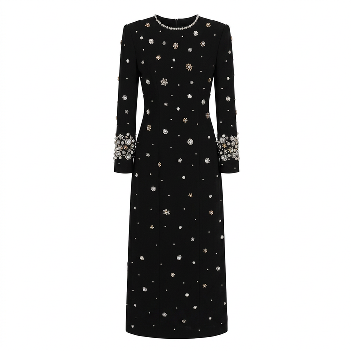 Beaded Embellished Long Sleeve Maxi Dress for Elegant Evening Occasions Women-Vyana Collective