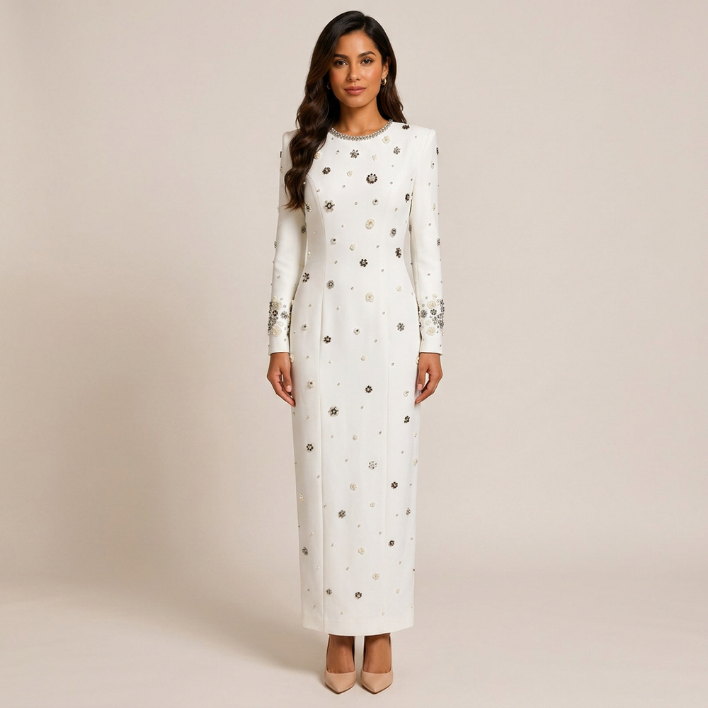 Beaded Embellished Long Sleeve Maxi Dress for Elegant Evening Occasions Women-Vyana Collective