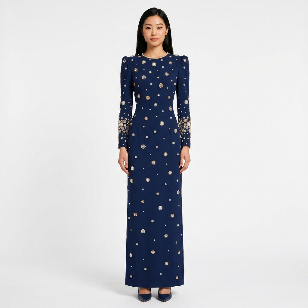 Beaded Embellished Long Sleeve Maxi Dress for Elegant Evening Occasions Women-Vyana Collective
