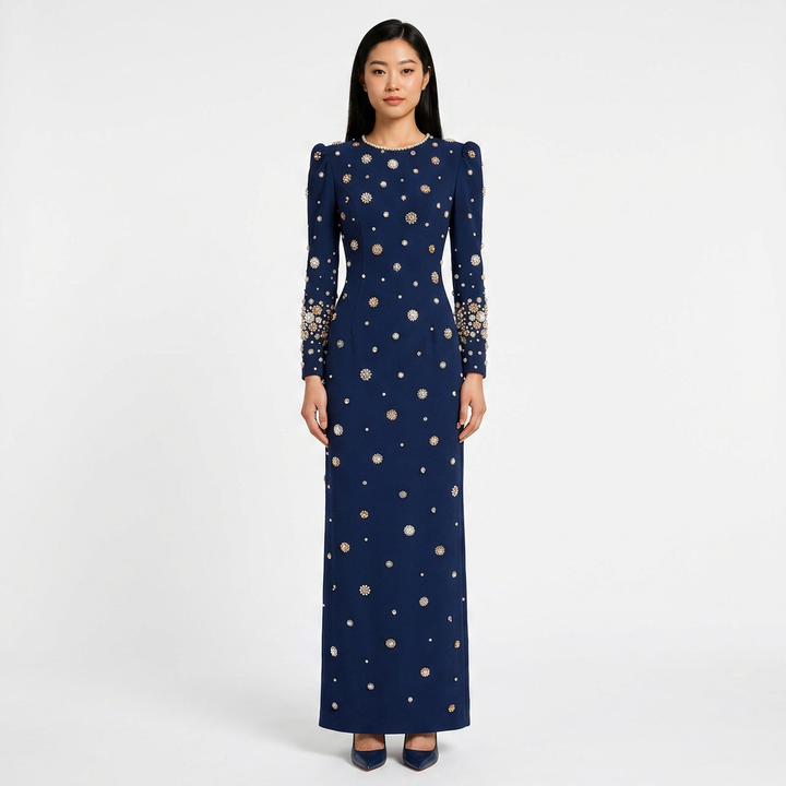 Beaded Embellished Long Sleeve Maxi Dress for Elegant Evening Occasions Women-Vyana Collective