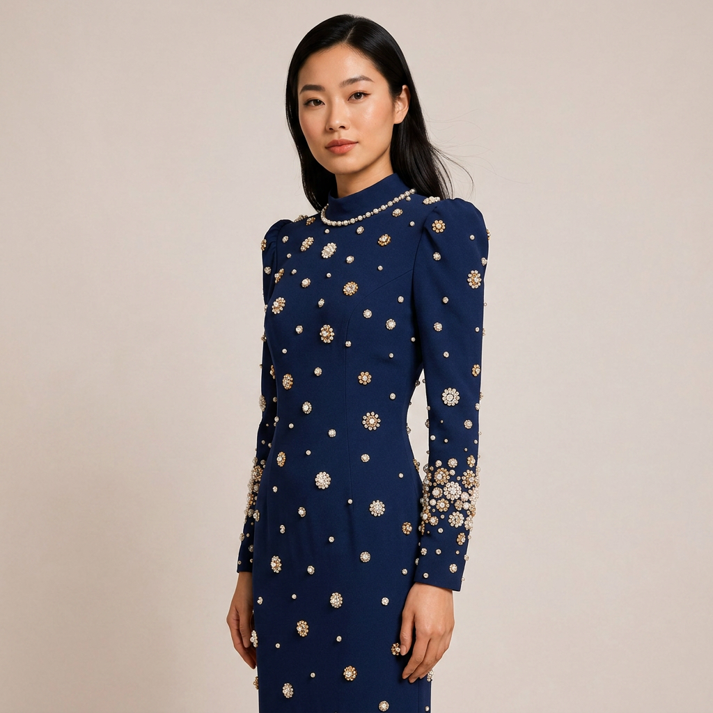 Beaded Embellished Long Sleeve Maxi Dress for Elegant Evening Occasions Women-Vyana Collective