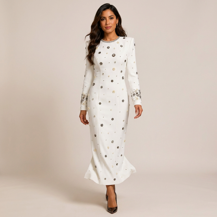 Beaded Embellished Long Sleeve Maxi Dress for Elegant Evening Occasions Women-Vyana Collective