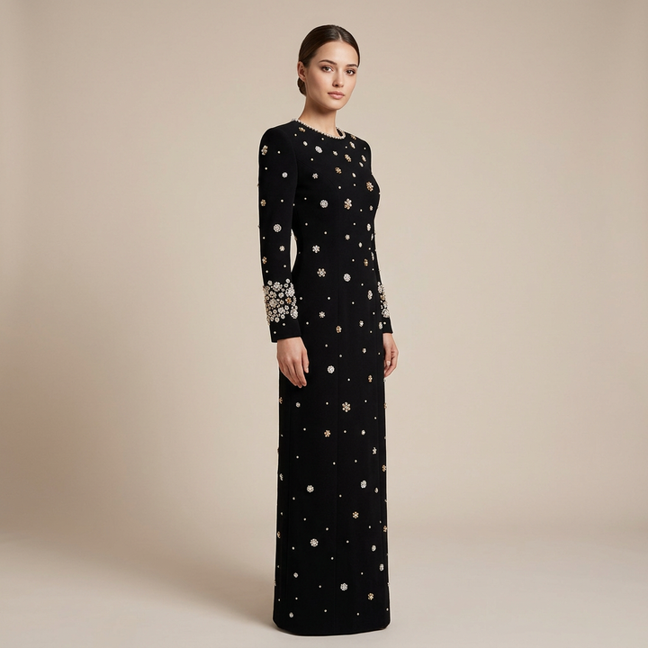 Beaded Embellished Long Sleeve Maxi Dress for Elegant Evening Occasions Women-Vyana Collective