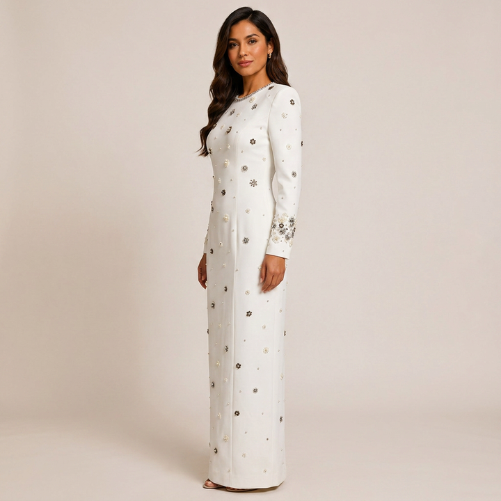 Beaded Embellished Long Sleeve Maxi Dress for Elegant Evening Occasions Women-Vyana Collective