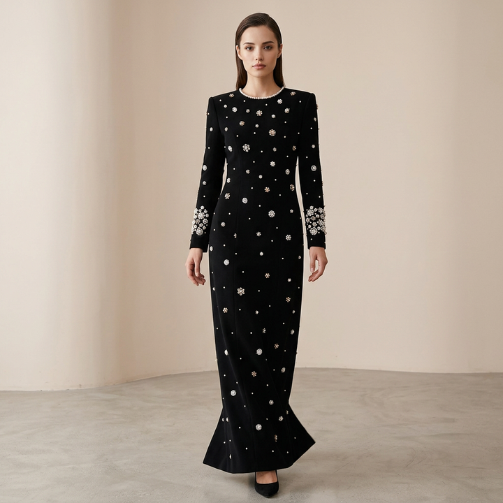 Beaded Embellished Long Sleeve Maxi Dress for Elegant Evening Occasions Women-Vyana Collective