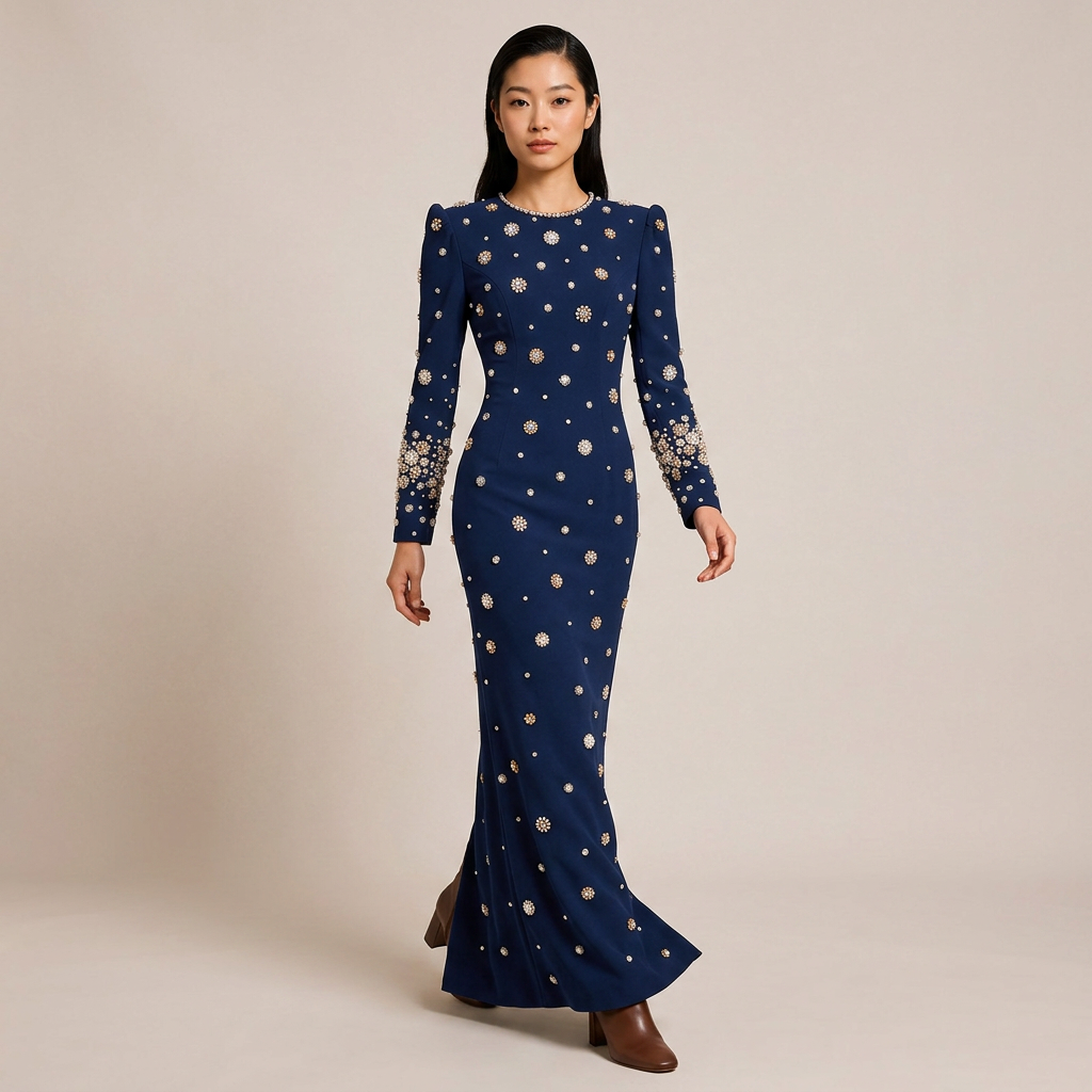 Beaded Embellished Long Sleeve Maxi Dress for Elegant Evening Occasions Women-Vyana Collective