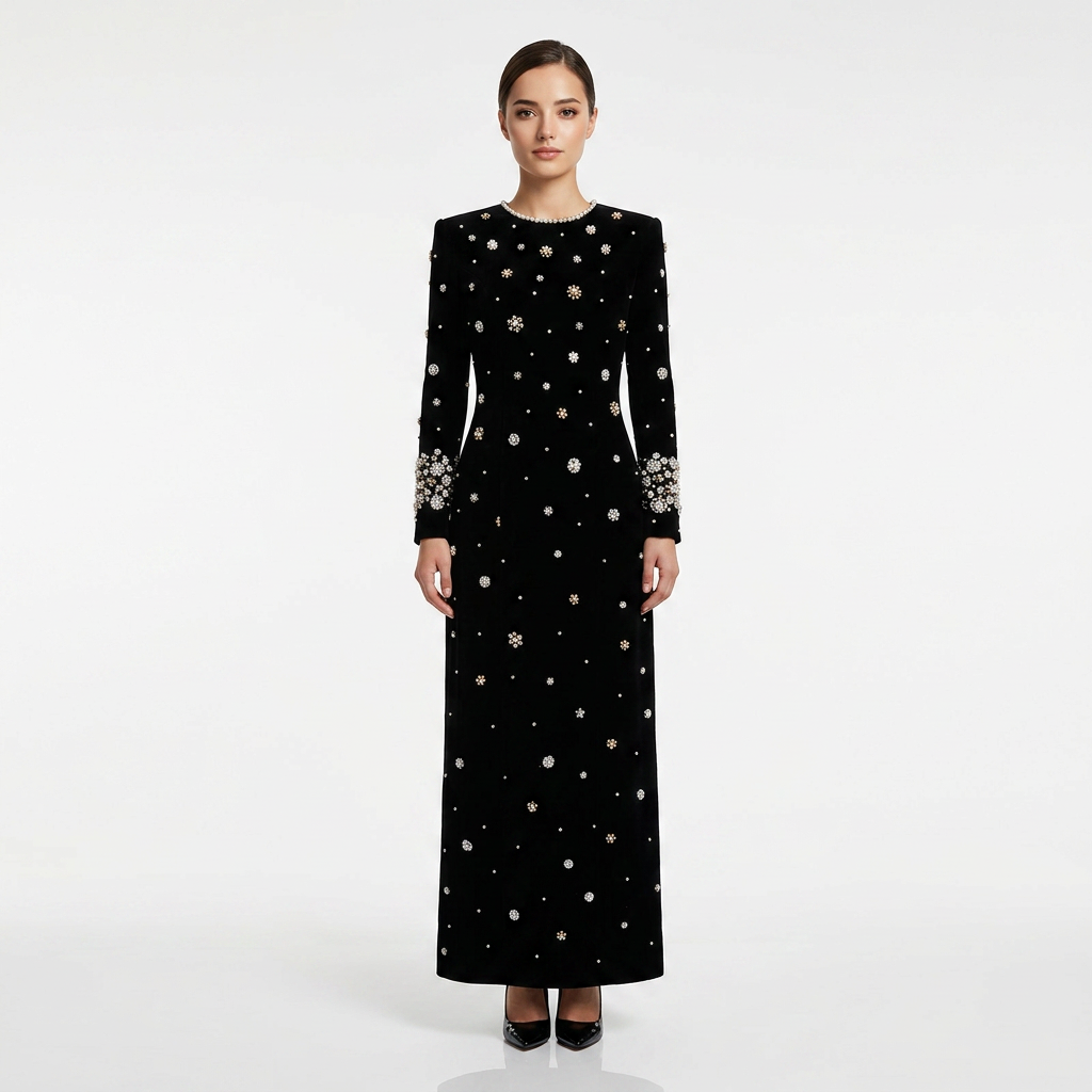 Beaded Embellished Long Sleeve Maxi Dress for Elegant Evening Occasions Women-Vyana Collective