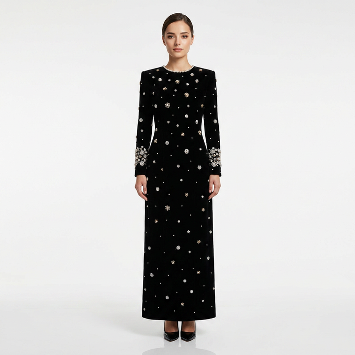 Beaded Embellished Long Sleeve Maxi Dress for Elegant Evening Occasions Women-Vyana Collective