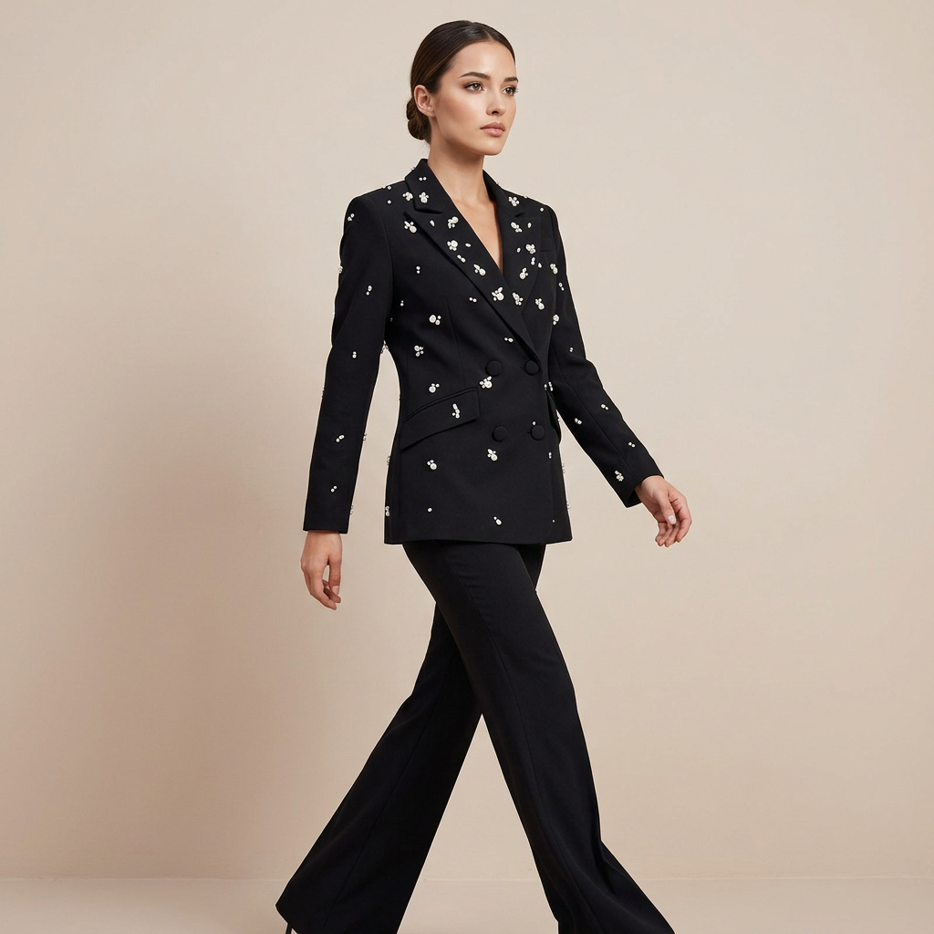 Beaded Rhinestone Blazer and Flared Pants Set for Meetings Ready and Executive Glamour Women-Vyana Collective