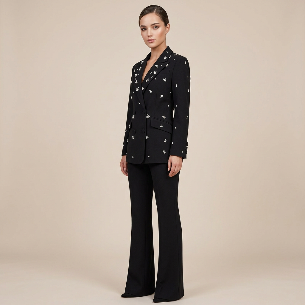 Beaded Rhinestone Blazer and Flared Pants Set for Meetings Ready and Executive Glamour Women-Vyana Collective