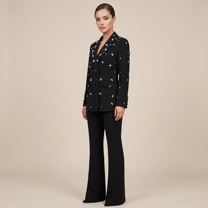 Beaded Rhinestone Blazer and Flared Pants Set for Meetings Ready and Executive Glamour Women-Vyana Collective