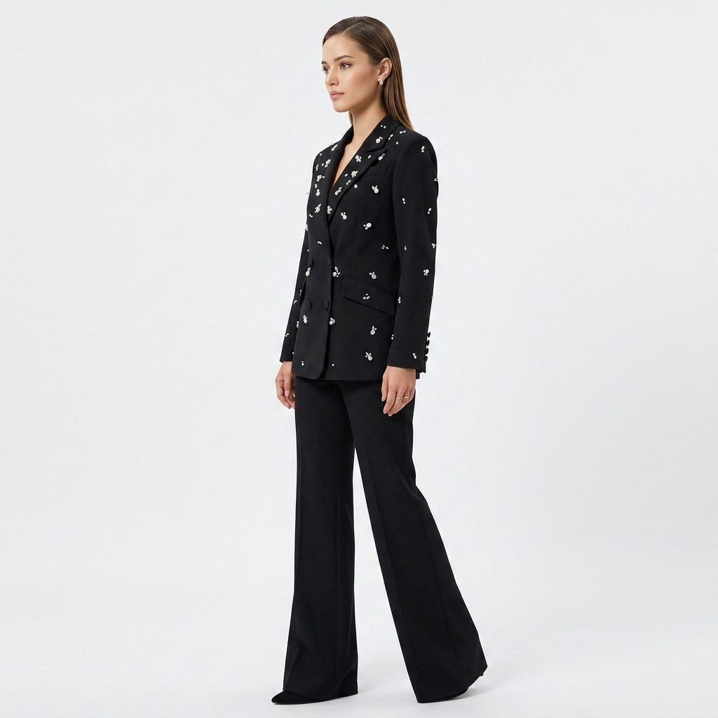 Beaded Rhinestone Blazer and Flared Pants Set for Meetings Ready and Executive Glamour Women-Vyana Collective