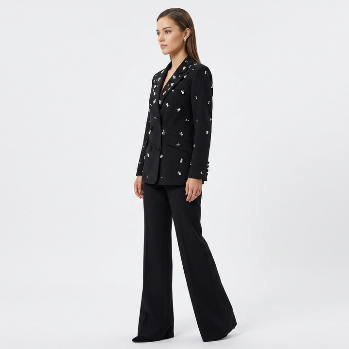 Beaded Rhinestone Blazer and Flared Pants Set for Meetings Ready and Executive Glamour Women-Vyana Collective