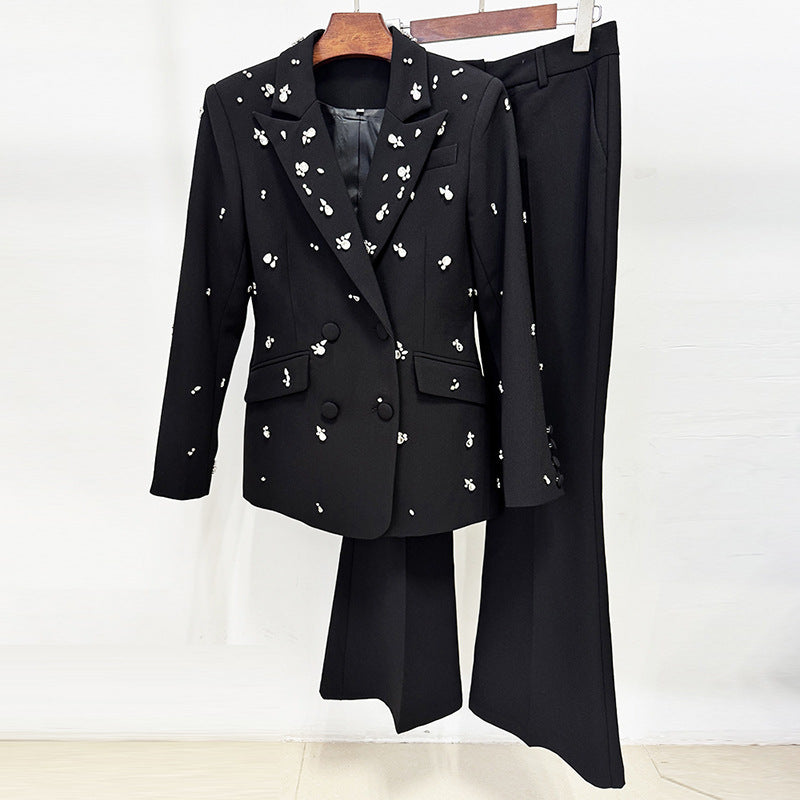 Beaded Rhinestone Blazer and Flared Pants Set for Meetings Ready and Executive Glamour Women-Vyana Collective