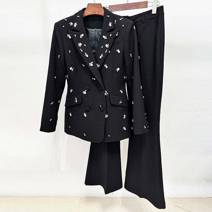 Beaded Rhinestone Blazer and Flared Pants Set for Meetings Ready and Executive Glamour Women-Vyana Collective