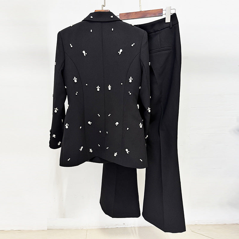 Beaded Rhinestone Blazer and Flared Pants Set for Meetings Ready and Executive Glamour Women-Vyana Collective