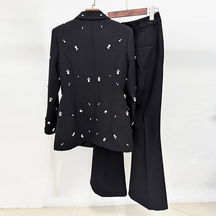 Beaded Rhinestone Blazer and Flared Pants Set for Meetings Ready and Executive Glamour Women-Vyana Collective